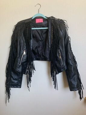 Black Fringe Faux Leather Jacket with Eyelet Trim